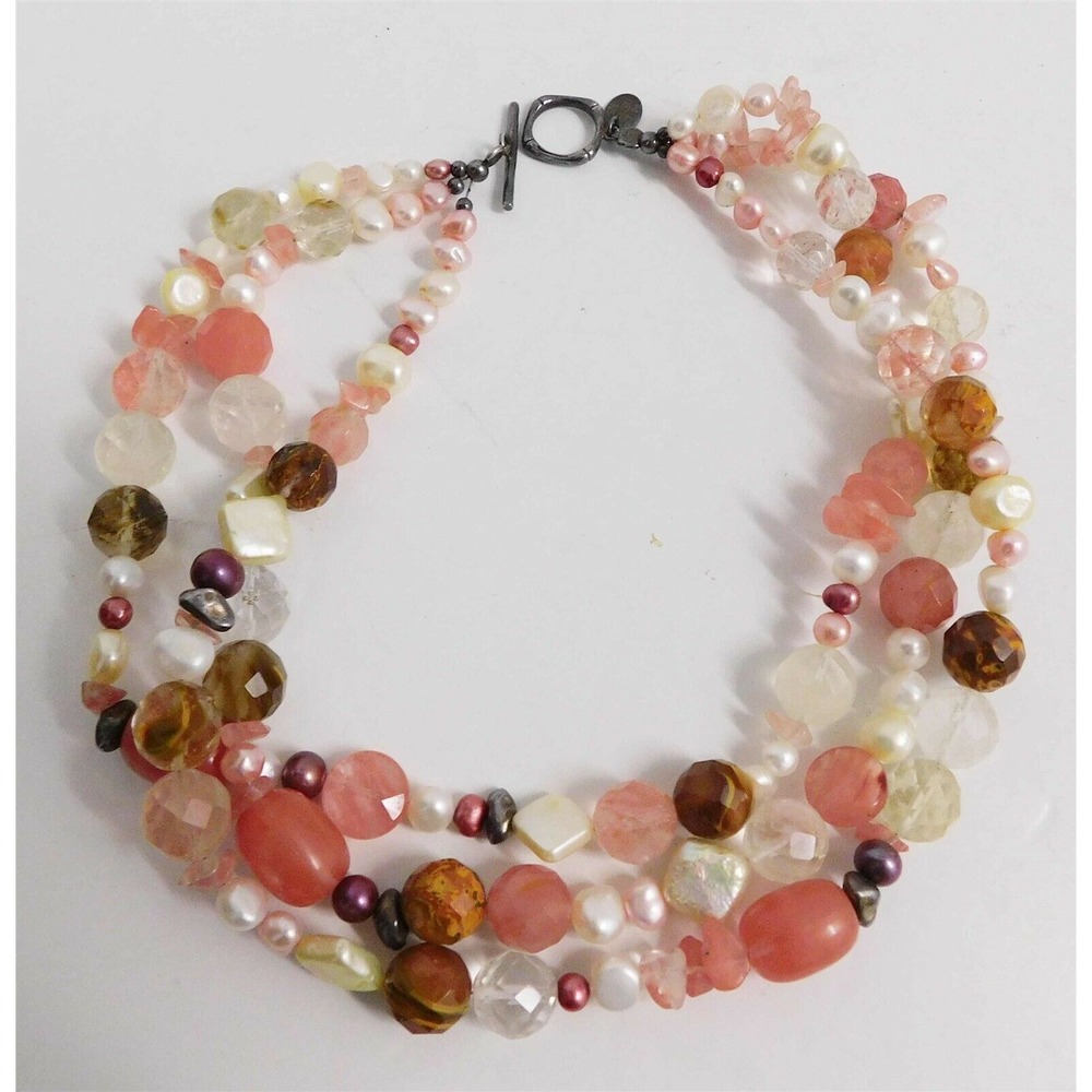 Avi Soffer Pink Quartz Beaded Pearl Triple Strand‎ Necklace 15.5 inch